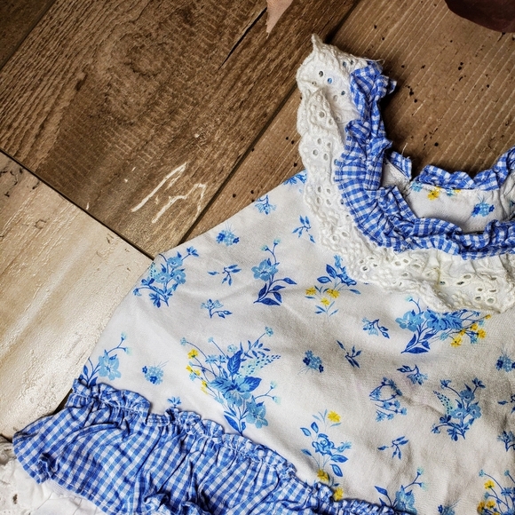 Rare Editions White, Blue, Yellow Floral Lace Baby Bodysuit Bubble Romper Sz 6m - Picture 13 of 14